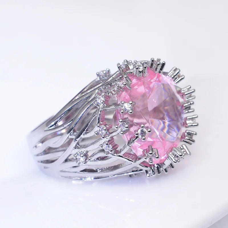 New  Ring Inlaid Pink Crystal Zircon Jewelry