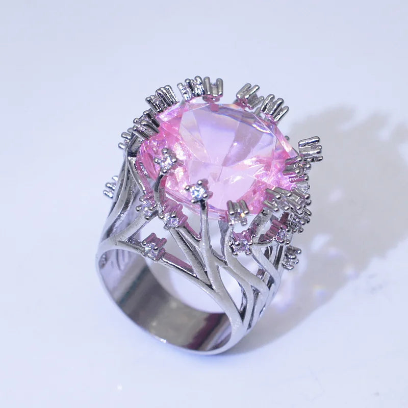 New  Ring Inlaid Pink Crystal Zircon Jewelry