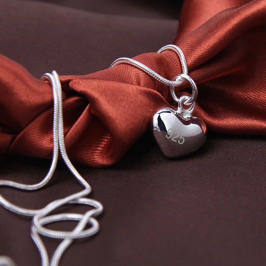 Silver Color Solid Small Heart Pendant Necklace 16-30 Inch Snake  Fashion Jewelry