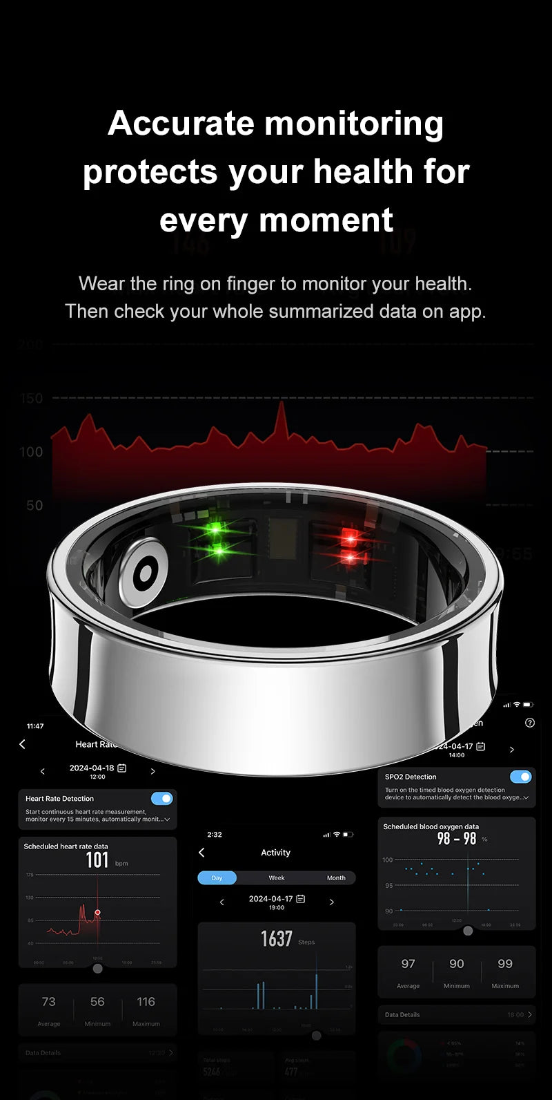 R09 Smart Ring Men Women with Charging Case,Heart Rate Blood Oxygen