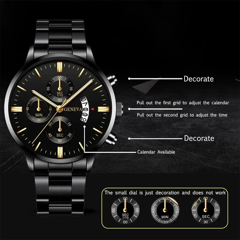 Stainless Steel Watch Luxury Calendar Quartz