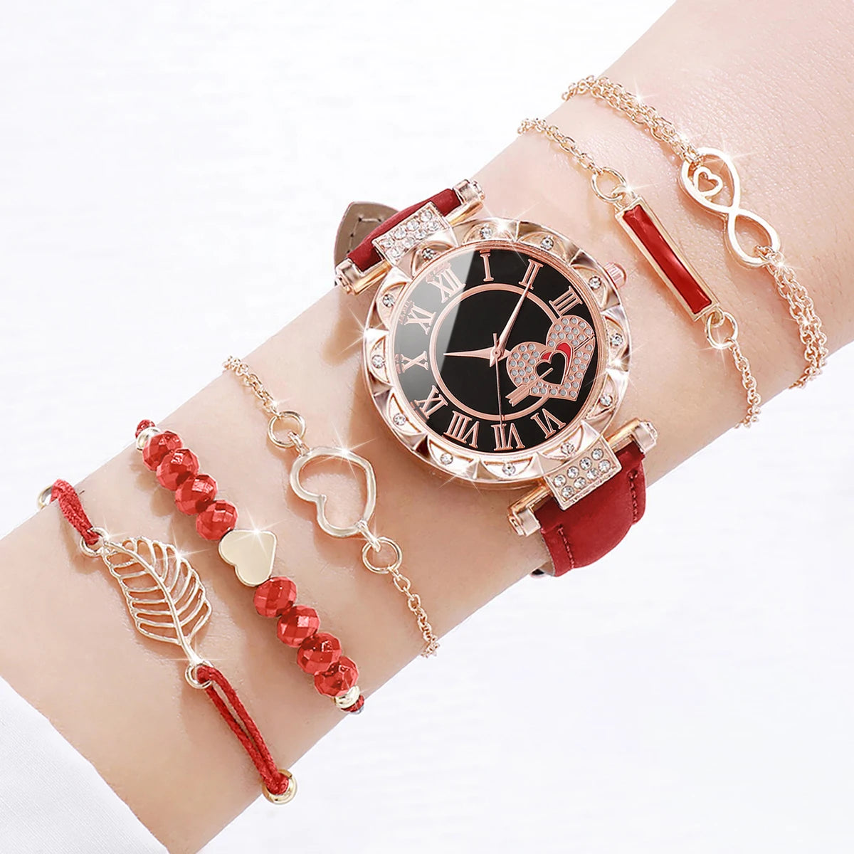 Watch Fashion Roma Heart Dial Leather Band Quartz Watches Leaf Bracelets Set(Without Box)