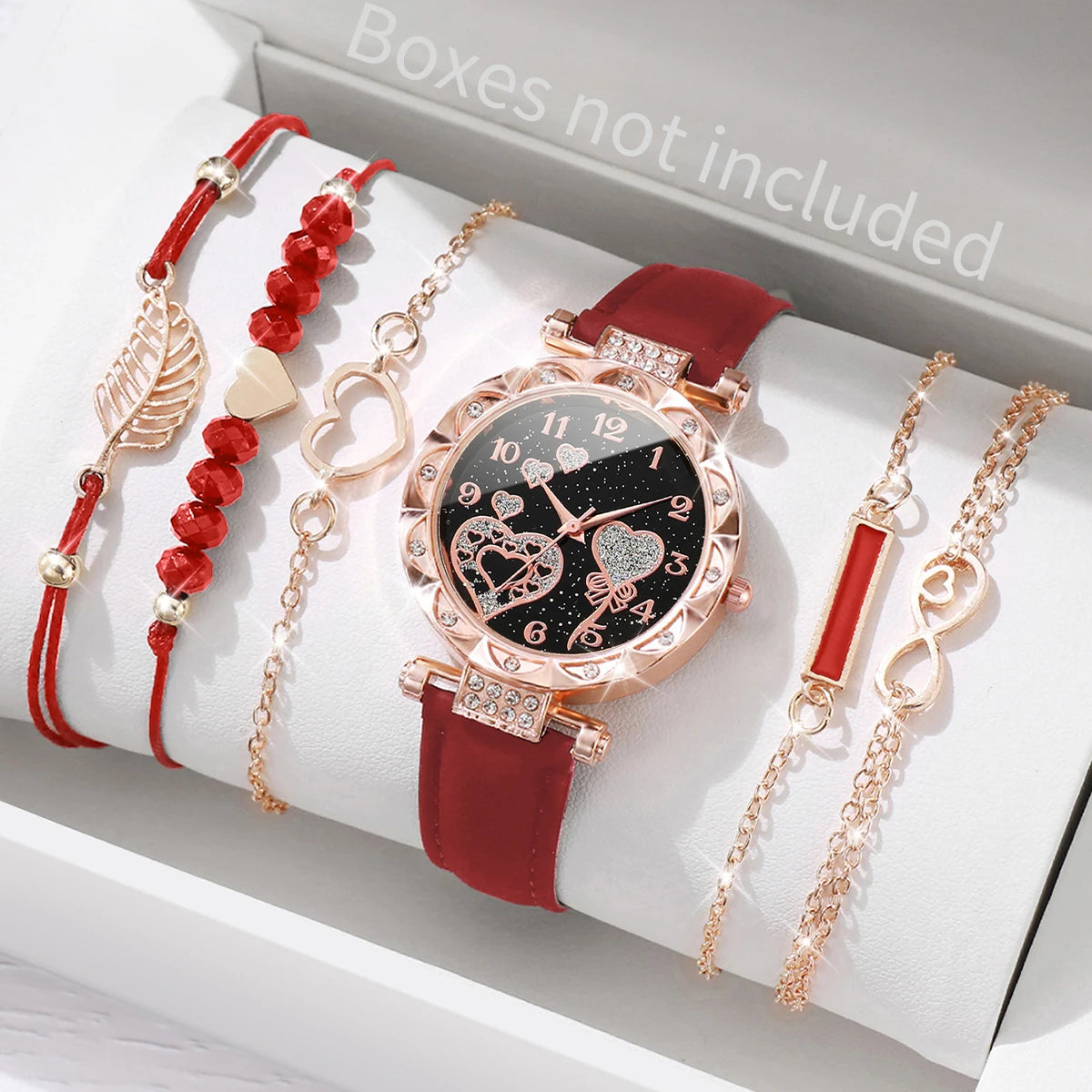 Watch Fashion Roma Heart Dial Leather Band Quartz Watches Leaf Bracelets Set(Without Box)