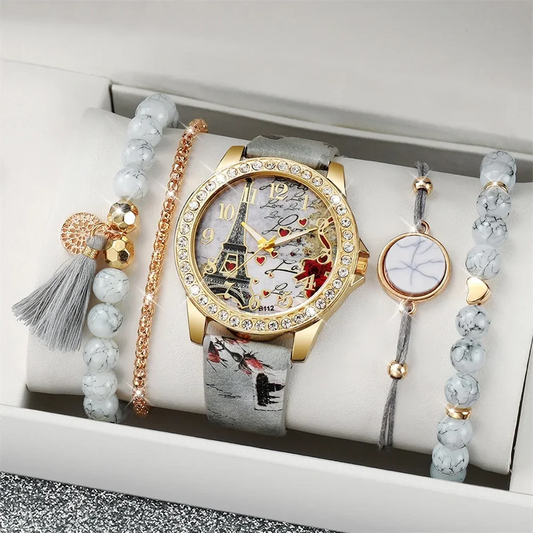 Watch European and American Classic Retro Quartz Watch with Exquisite Beaded Bracelet Set