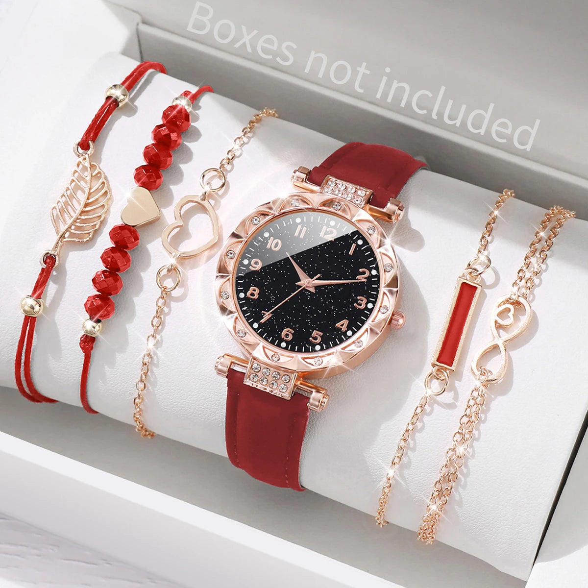 Watch Fashion Roma Heart Dial Leather Band Quartz Watches Leaf Bracelets Set(Without Box)