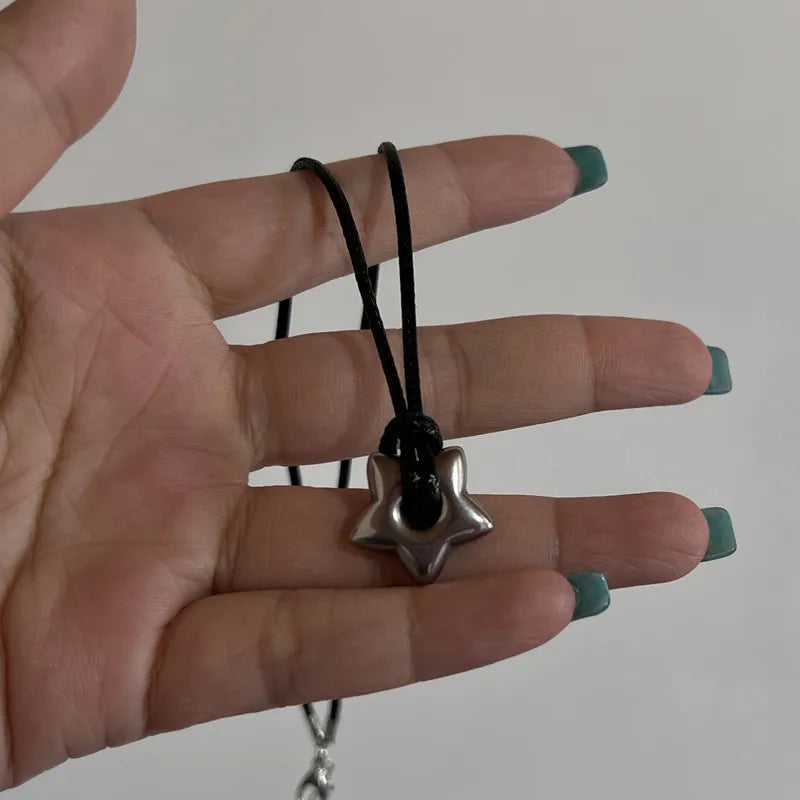 Fashion Hollow Titanium Steel Star Pentagram Pendant Necklace for Women Men Black