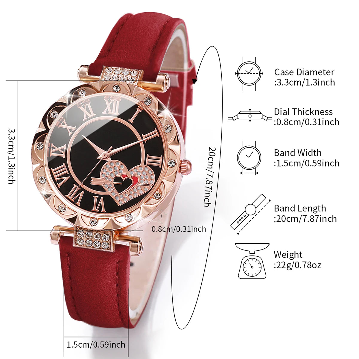 Watch Fashion Roma Heart Dial Leather Band Quartz Watches Leaf Bracelets Set(Without Box)