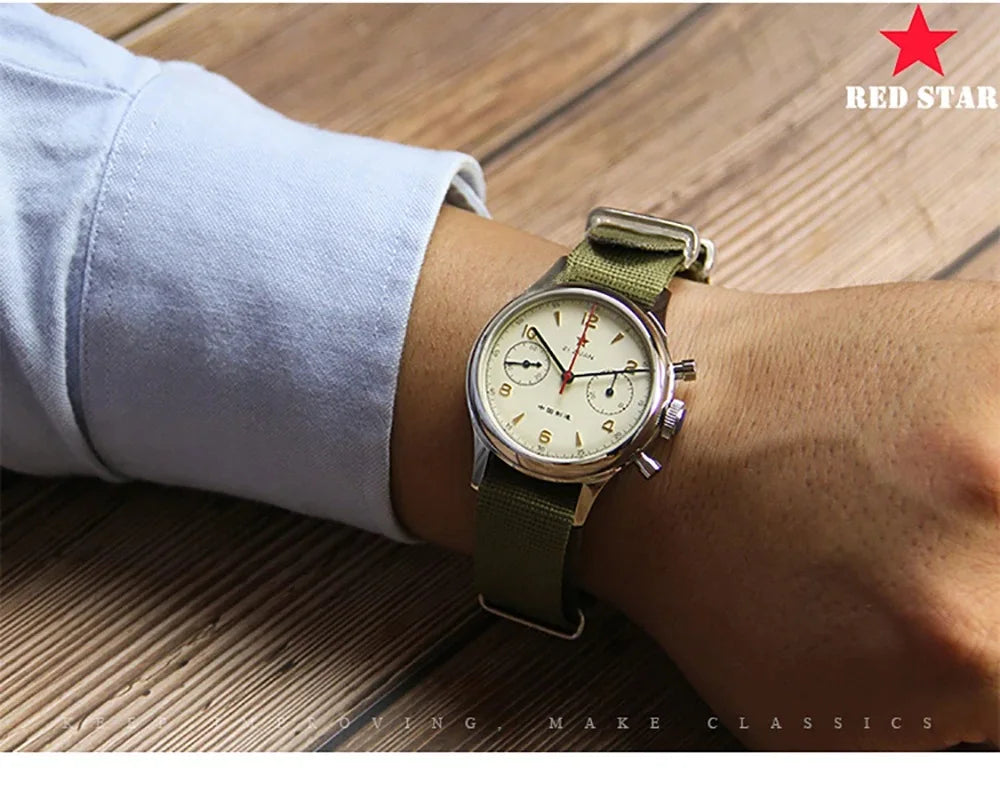 RED STAR 38mm Men's 1963 Chronograph Mechanical Watch Pilot