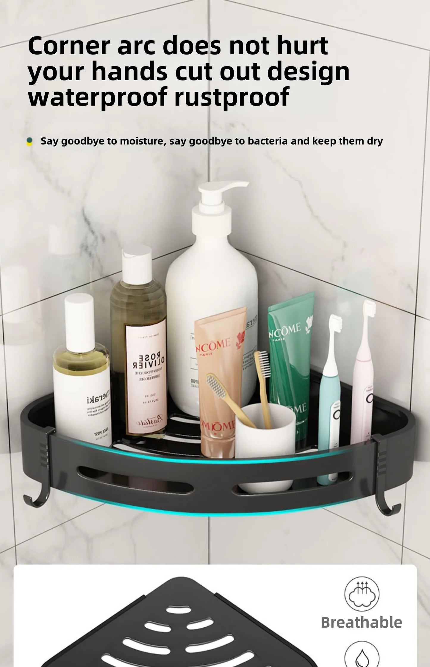 Shelf Storage Upgraded Waterproof Bathroom Organizer Shampoo & Towel Holder Wall Mount