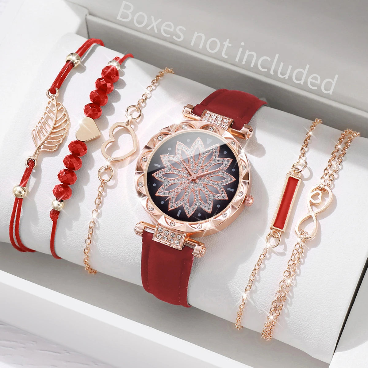 Watch Fashion Roma Heart Dial Leather Band Quartz Watches Leaf Bracelets Set(Without Box)