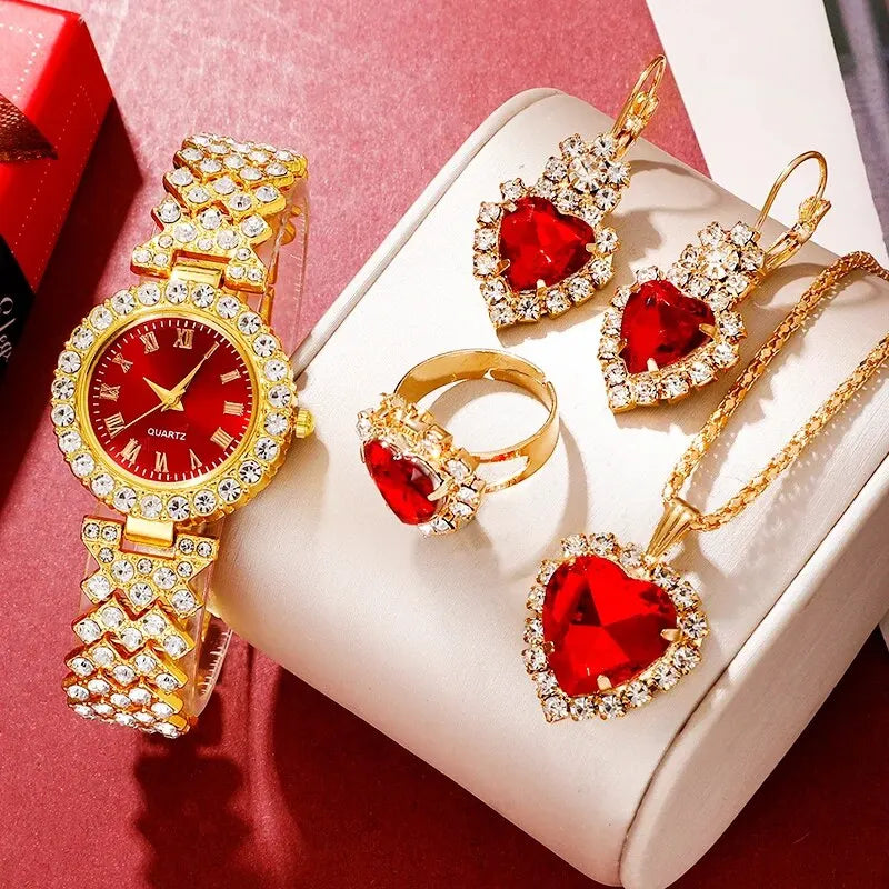 Watch Women Ring Necklace Earring Rhinestone Fashion Bracelet Watches Jewelry Set