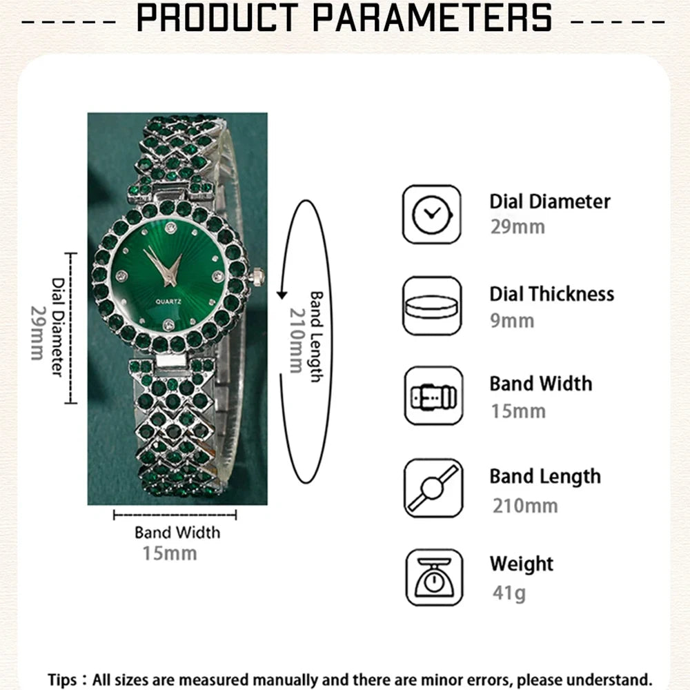 Watches Heart Rhinestone Ring Necklace Earring Jewelry Set Luxury Dress Quartz