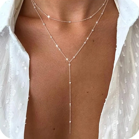 Necklace 14k Gold Plated Y-Shaped Pendant Necklace  Stainless Steel Jewelry