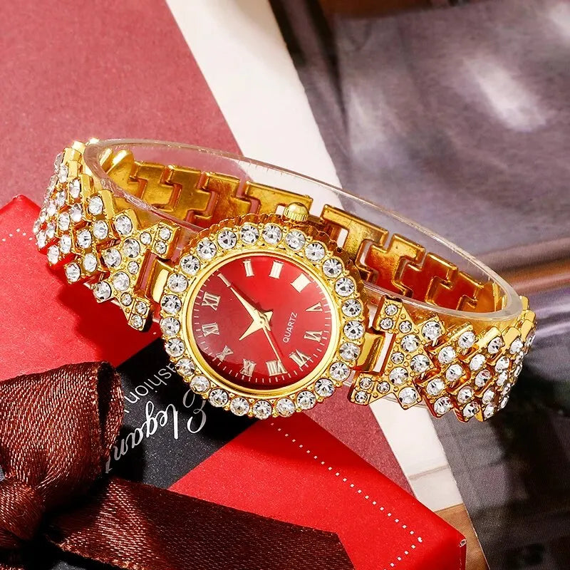 Watch Women Ring Necklace Earring Rhinestone Fashion Bracelet Watches Jewelry Set