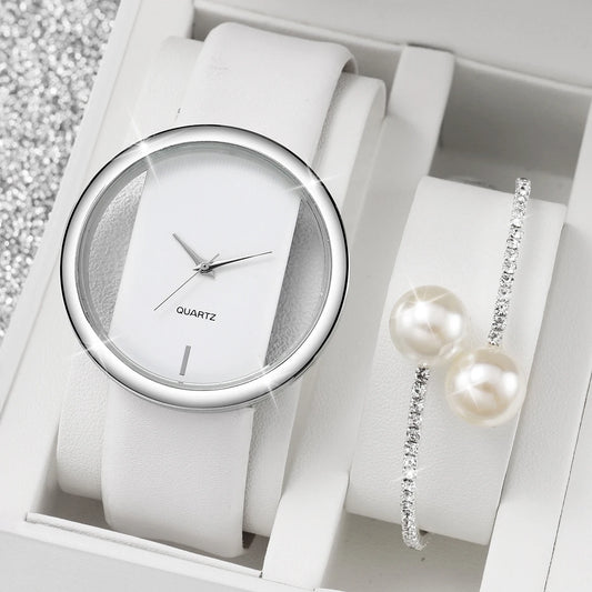 Watch Pearl Diamond Bracelet Set Fashion Hollow Dial Leather Band Quartz Watches(Without Box)