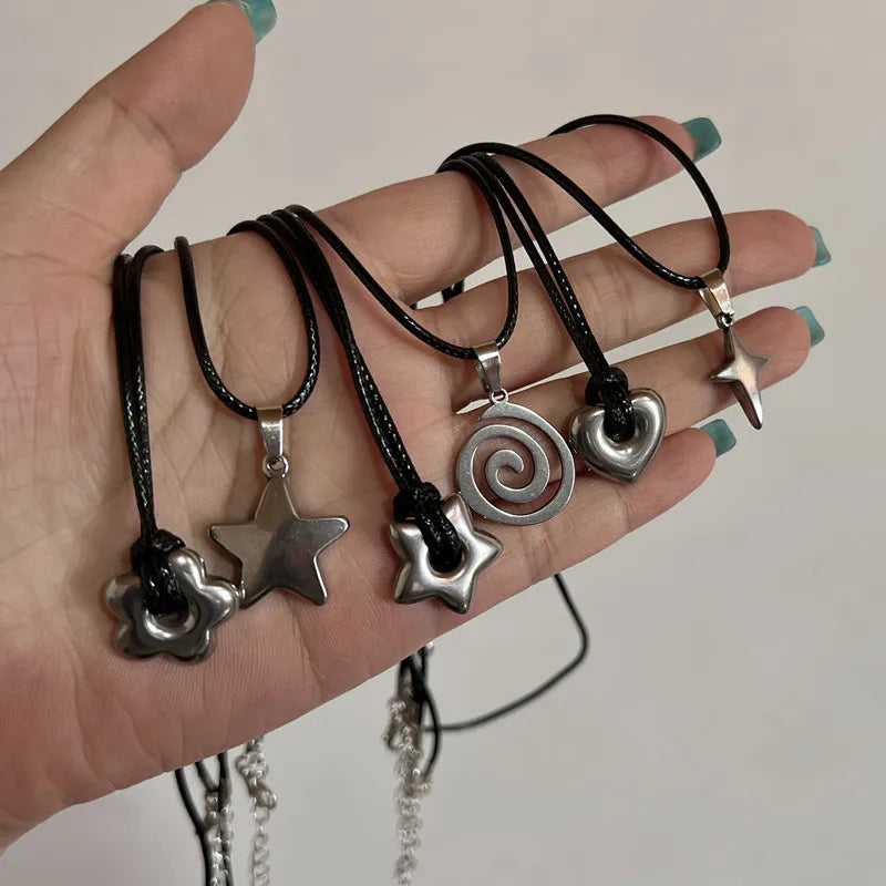 Fashion Hollow Titanium Steel Star Pentagram Pendant Necklace for Women Men Black