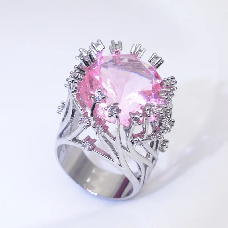 New  Ring Inlaid Pink Crystal Zircon Jewelry