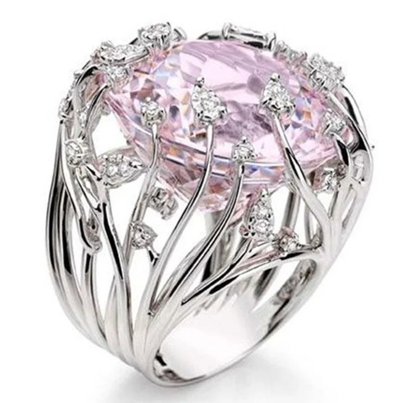 New  Ring Inlaid Pink Crystal Zircon Jewelry