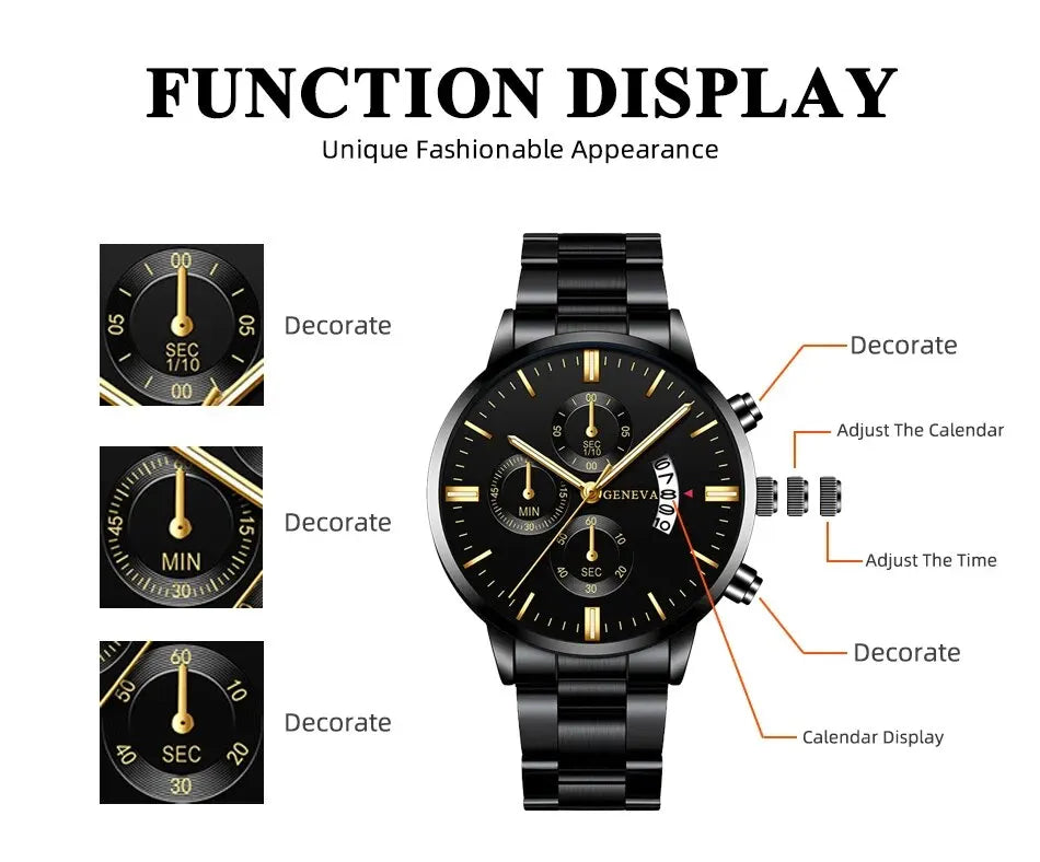 Stainless Steel Watch Luxury Calendar Quartz