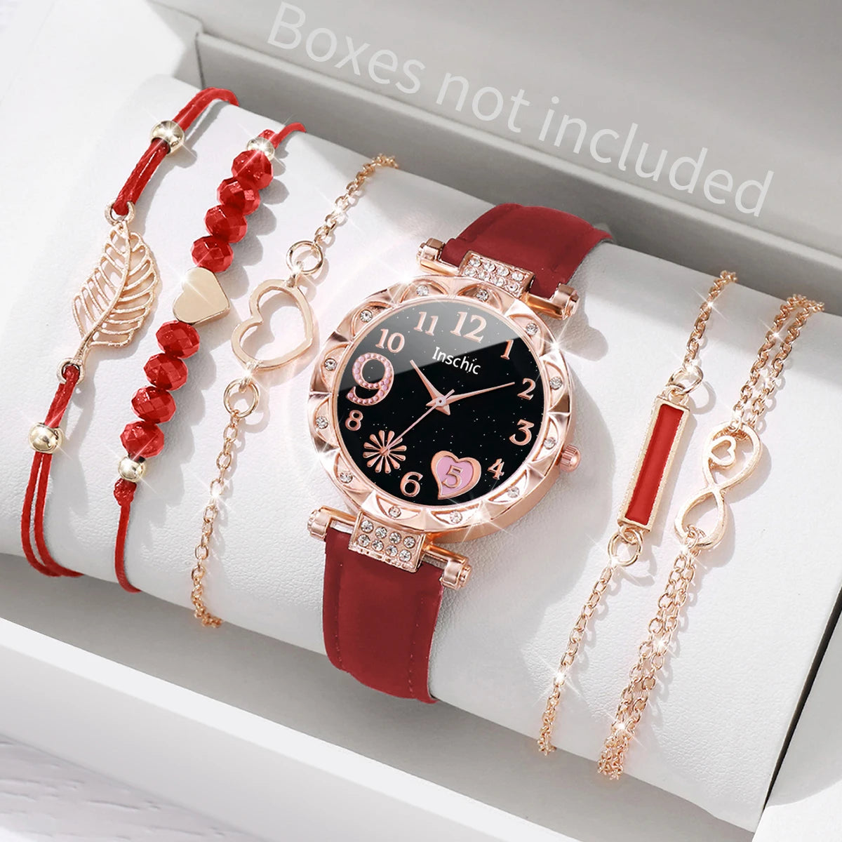 Watch Fashion Roma Heart Dial Leather Band Quartz Watches Leaf Bracelets Set(Without Box)