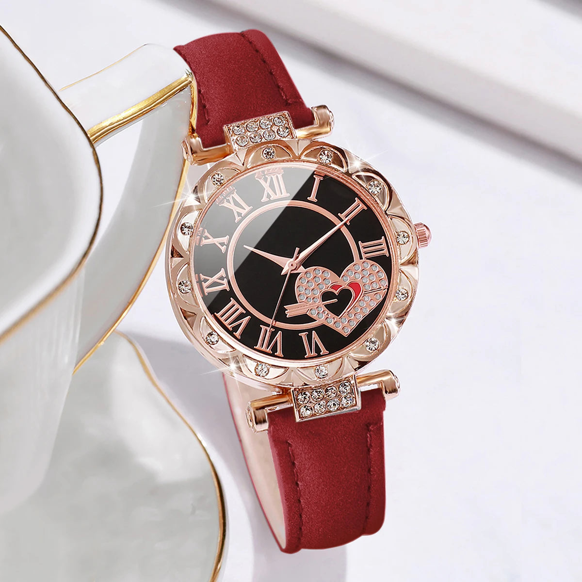 Watch Fashion Roma Heart Dial Leather Band Quartz Watches Leaf Bracelets Set(Without Box)