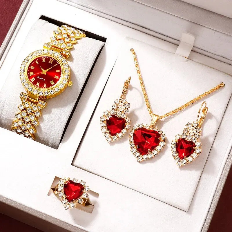 Watch Women Ring Necklace Earring Rhinestone Fashion Bracelet Watches Jewelry Set