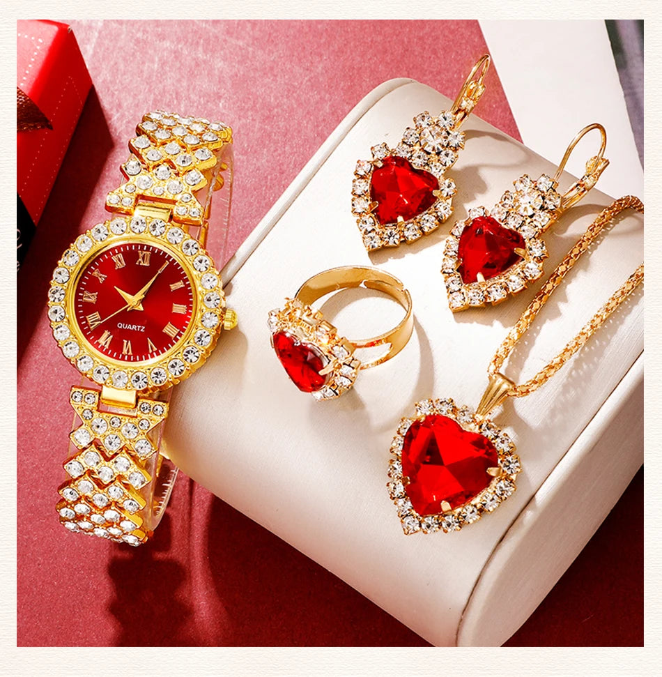 Watch Women Ring Necklace Earring Rhinestone Fashion Bracelet Watches Jewelry Set