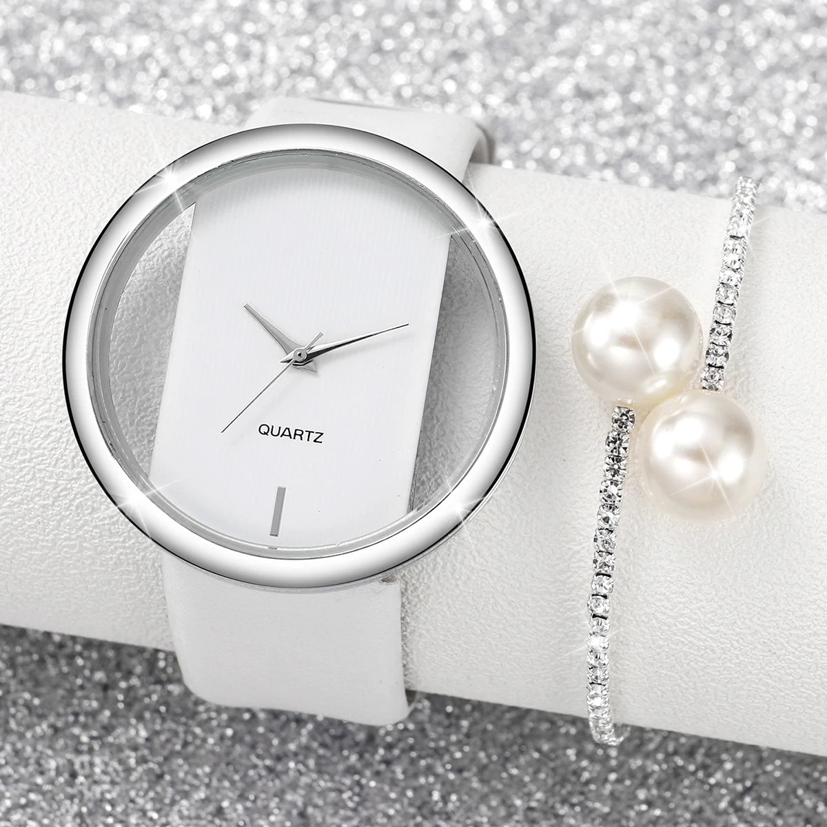 Watch Pearl Diamond Bracelet Set Fashion Hollow Dial Leather Band Quartz Watches(Without Box)