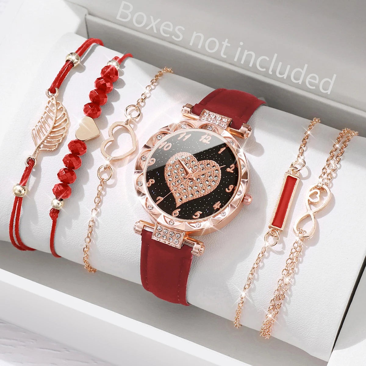 Watch Fashion Roma Heart Dial Leather Band Quartz Watches Leaf Bracelets Set(Without Box)