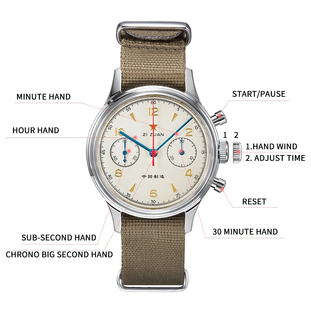 RED STAR 38mm Men's 1963 Chronograph Mechanical Watch Pilot