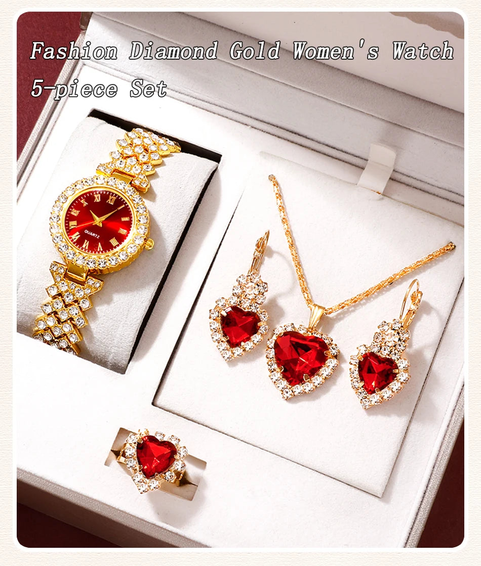 Watch Women Ring Necklace Earring Rhinestone Fashion Bracelet Watches Jewelry Set