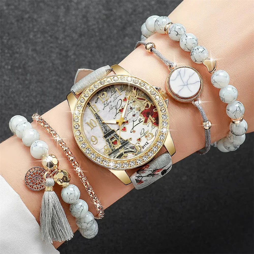 Watch European and American Classic Retro Quartz Watch with Exquisite Beaded Bracelet Set