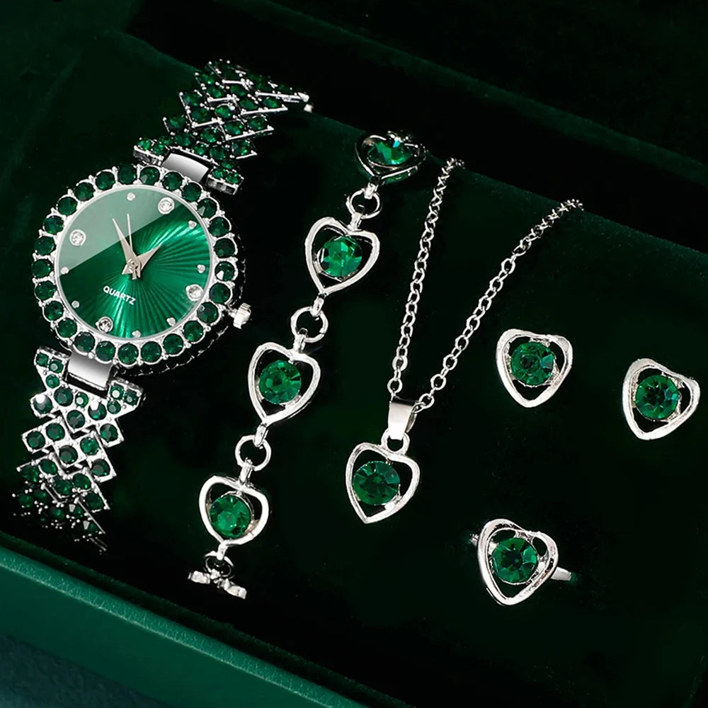 Watches Heart Rhinestone Ring Necklace Earring Jewelry Set Luxury Dress Quartz
