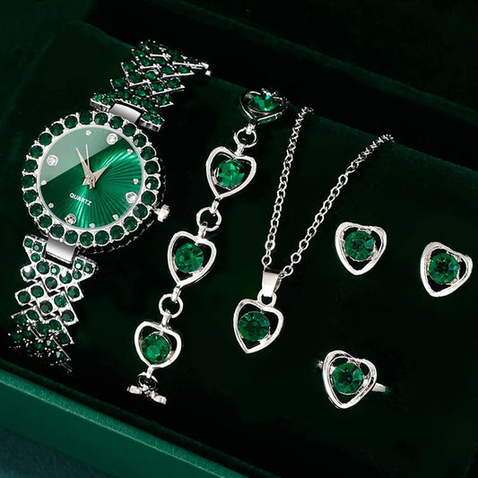 Watches Heart Rhinestone Ring Necklace Earring Jewelry Set Luxury Dress Quartz