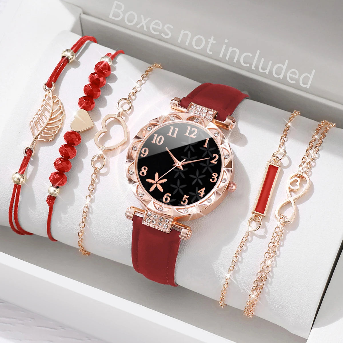 Watch Fashion Roma Heart Dial Leather Band Quartz Watches Leaf Bracelets Set(Without Box)